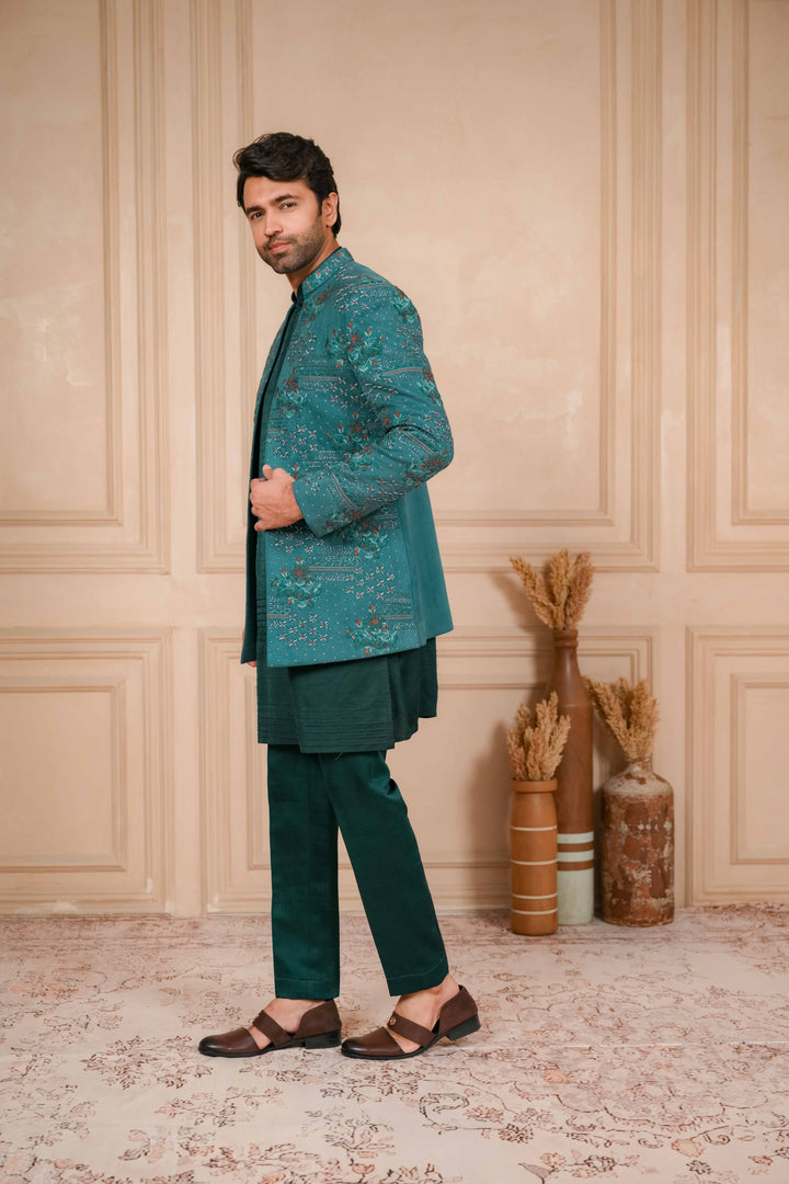 sea green hand embroidered jodhpuri kurta set