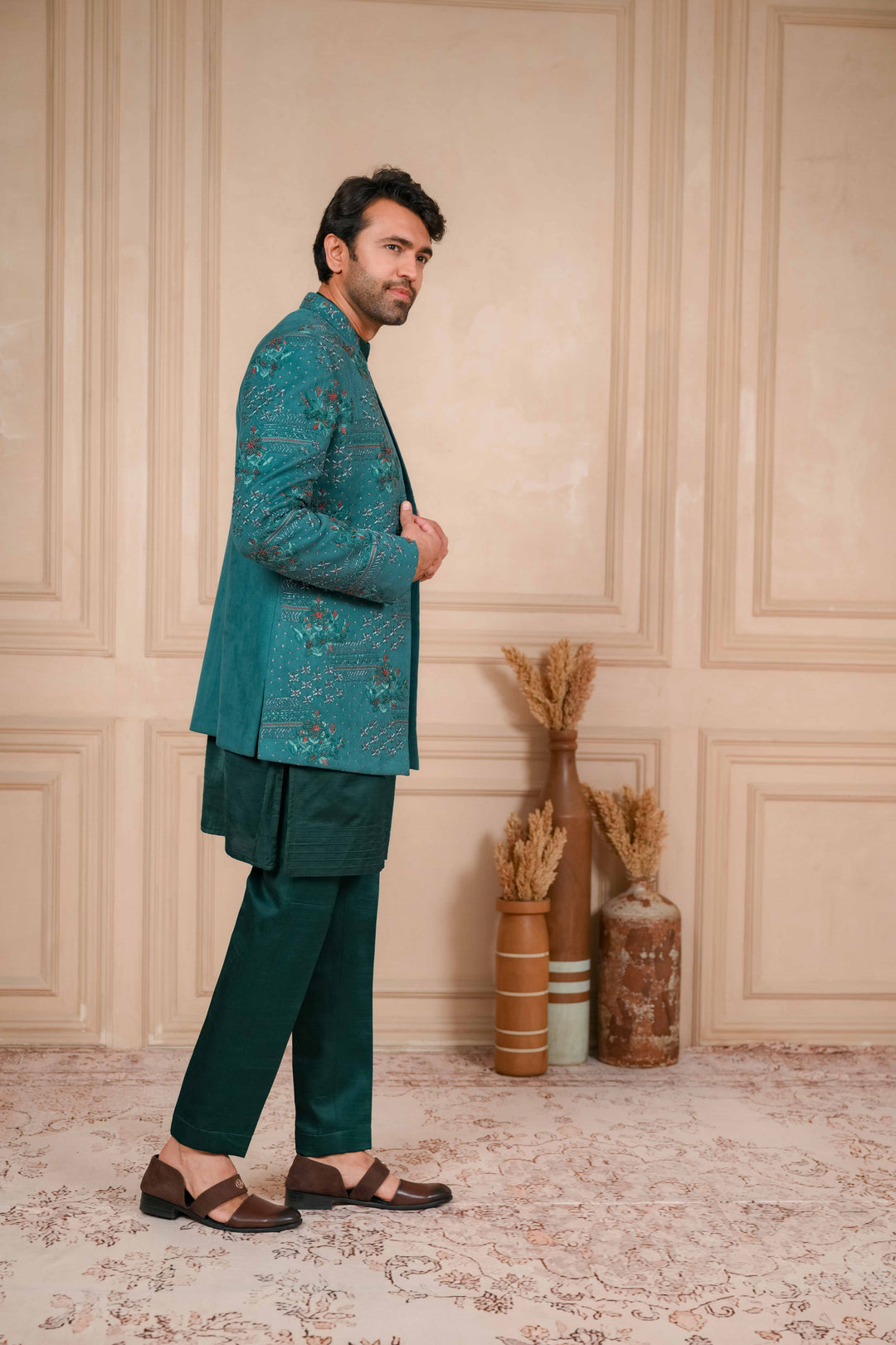 sea green hand embroidered jodhpuri kurta set – Image 10