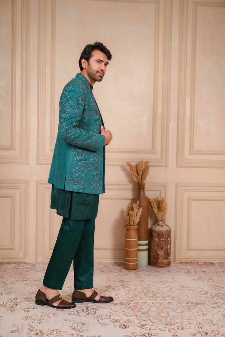 sea green hand embroidered jodhpuri kurta set