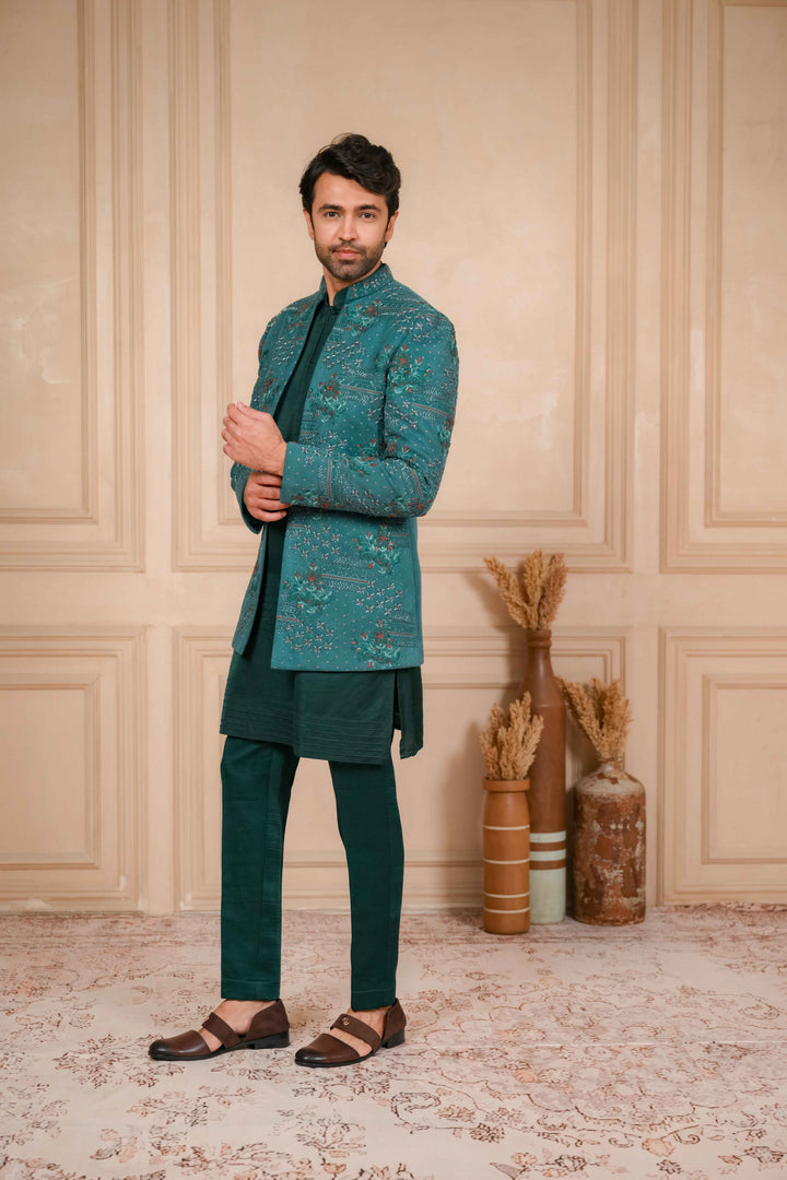 sea green hand embroidered jodhpuri kurta set