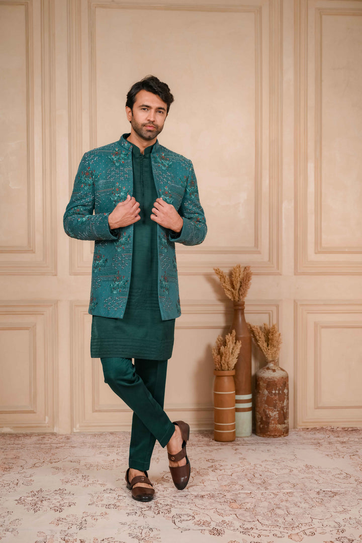 sea green hand embroidered jodhpuri kurta set