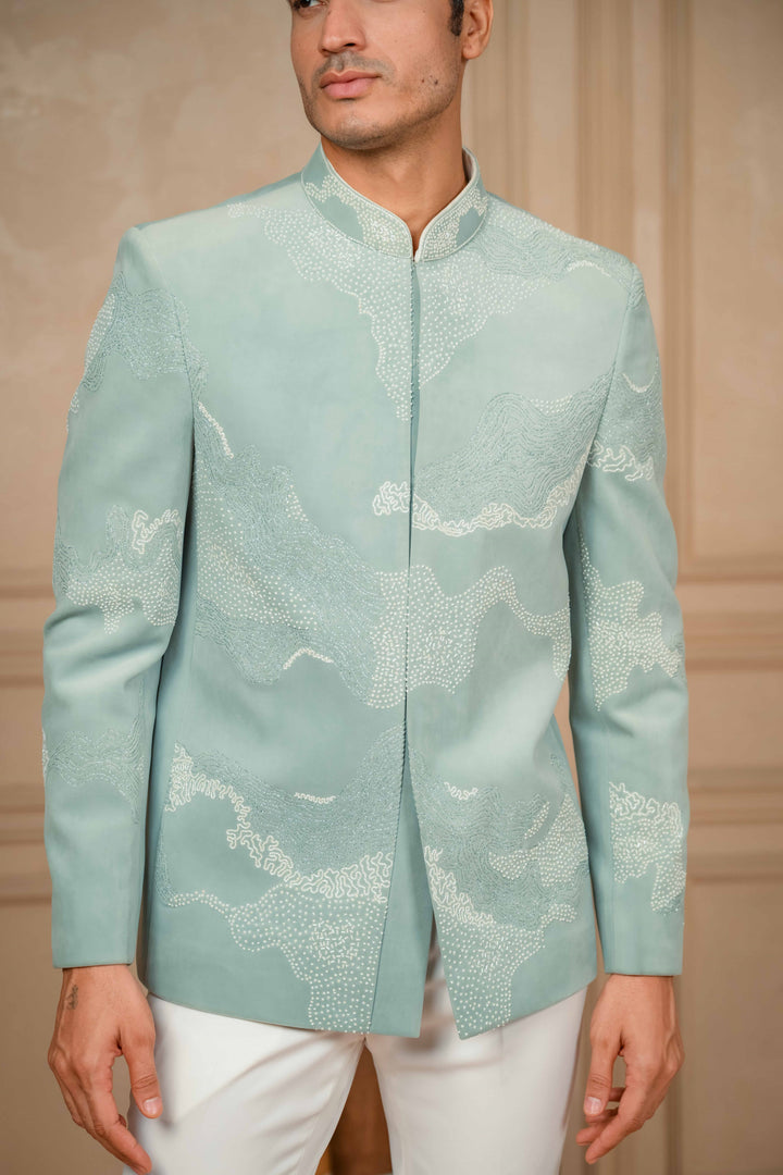 sea green jodhpuri jacket set with hand embroidery