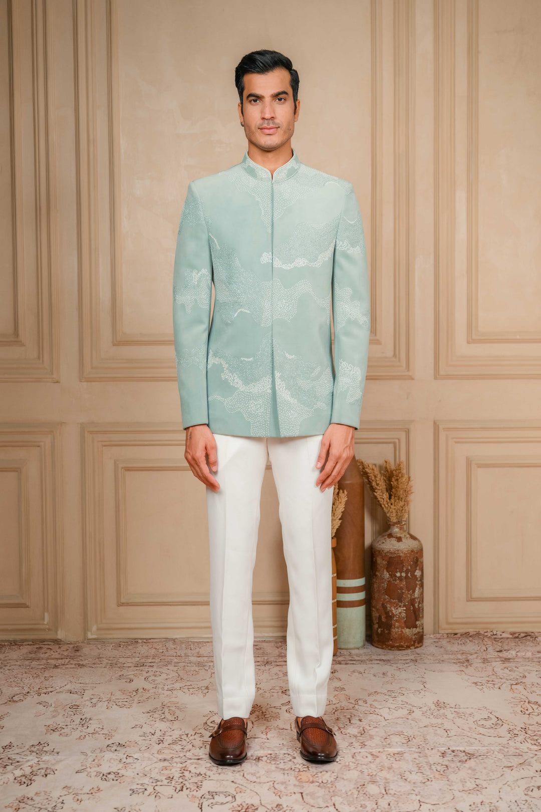 sea green jodhpuri jacket set with hand embroidery – Image 4