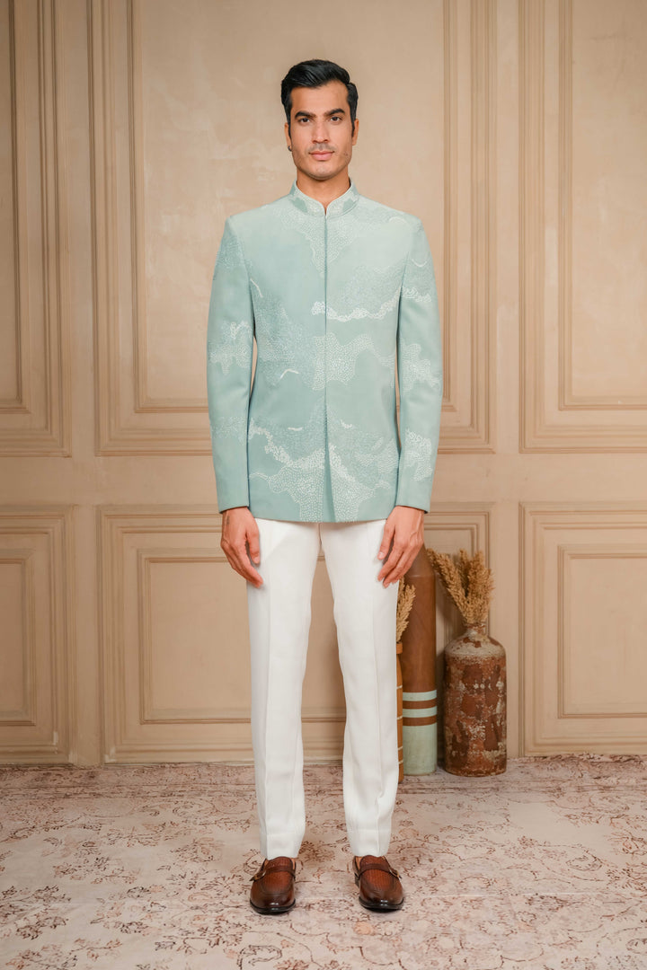 sea green jodhpuri jacket set with hand embroidery