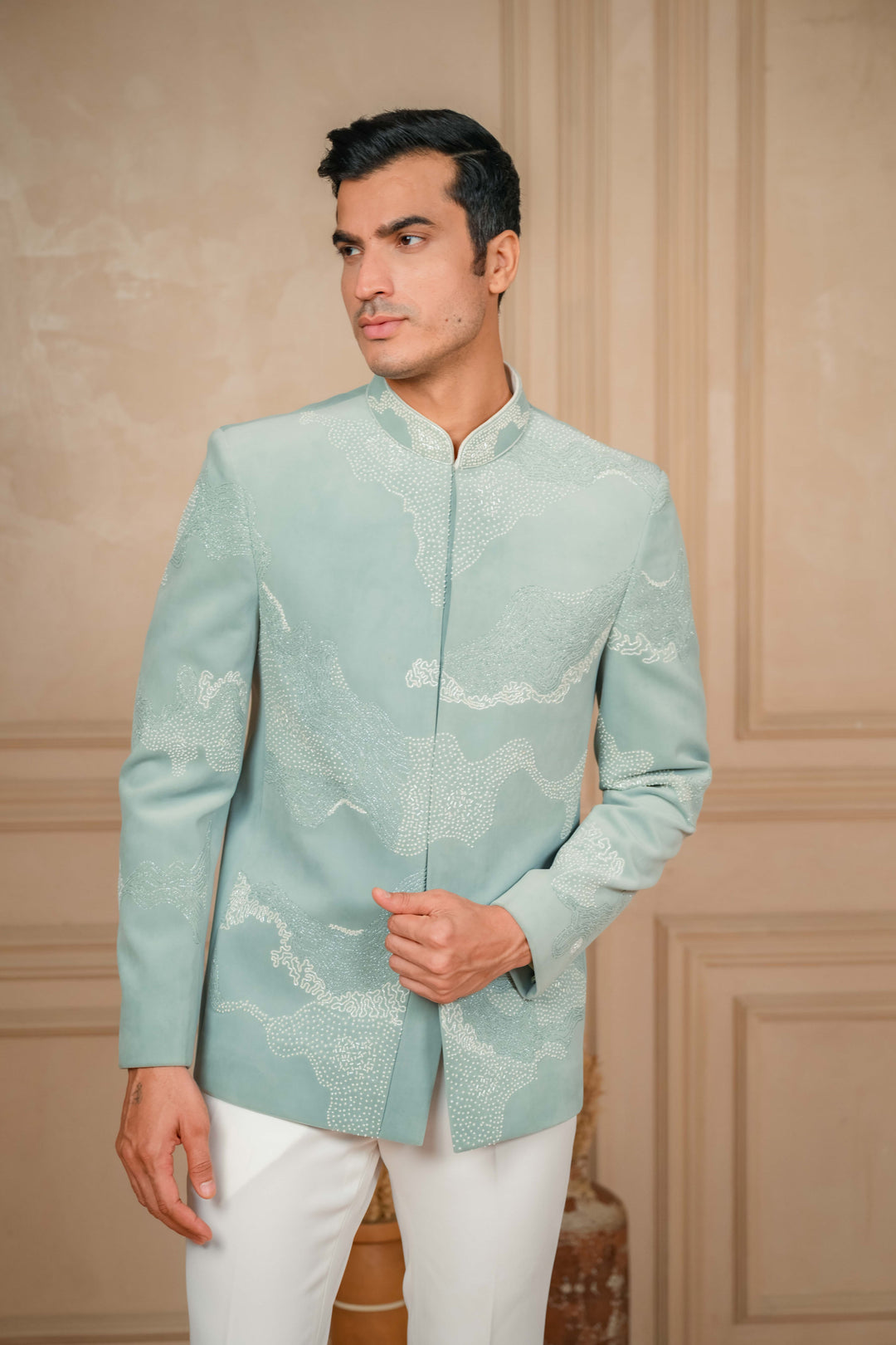 sea green jodhpuri jacket set with hand embroidery – Image 3