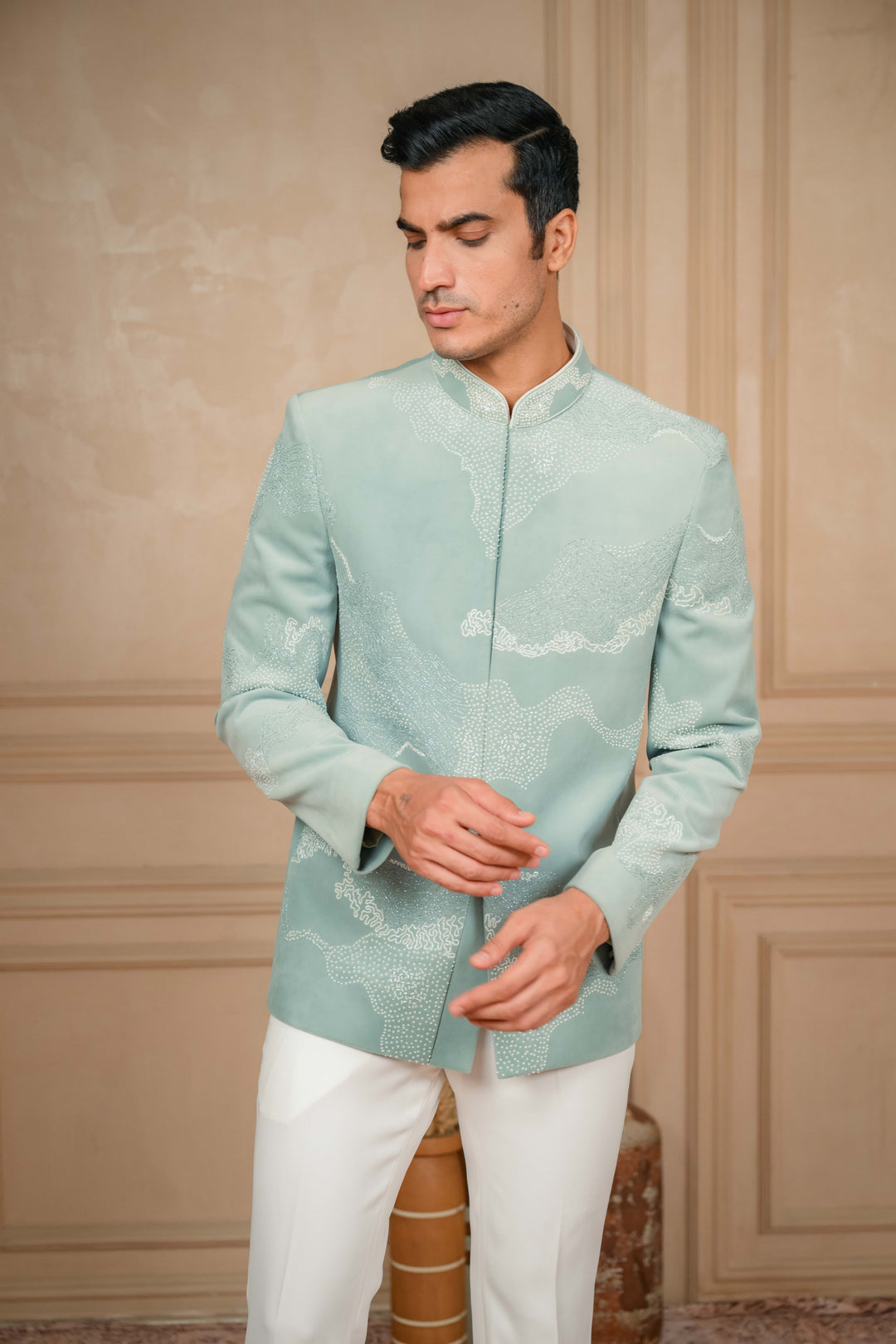 sea green jodhpuri jacket set with hand embroidery