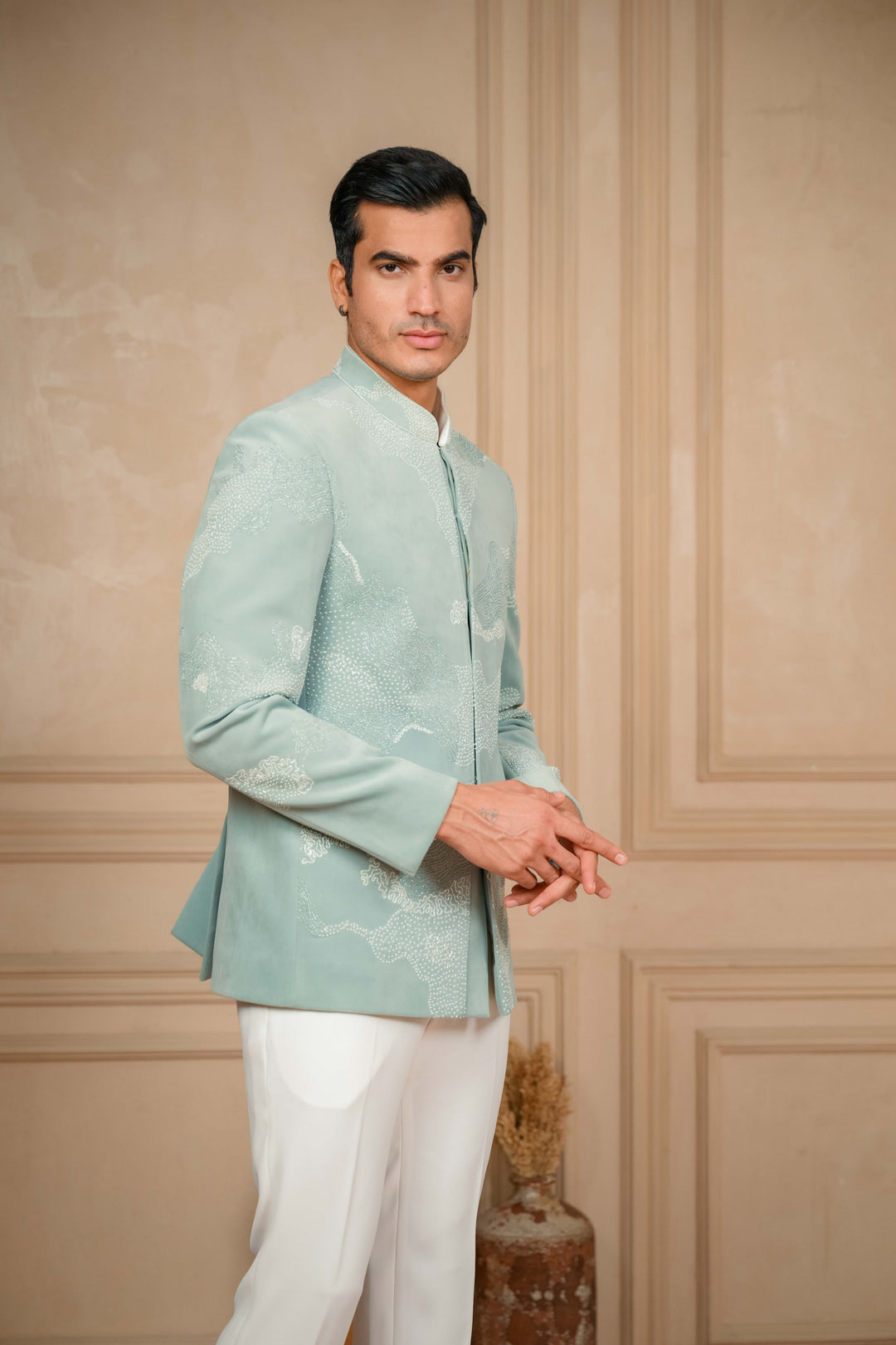 sea green jodhpuri jacket set with hand embroidery – Image 10