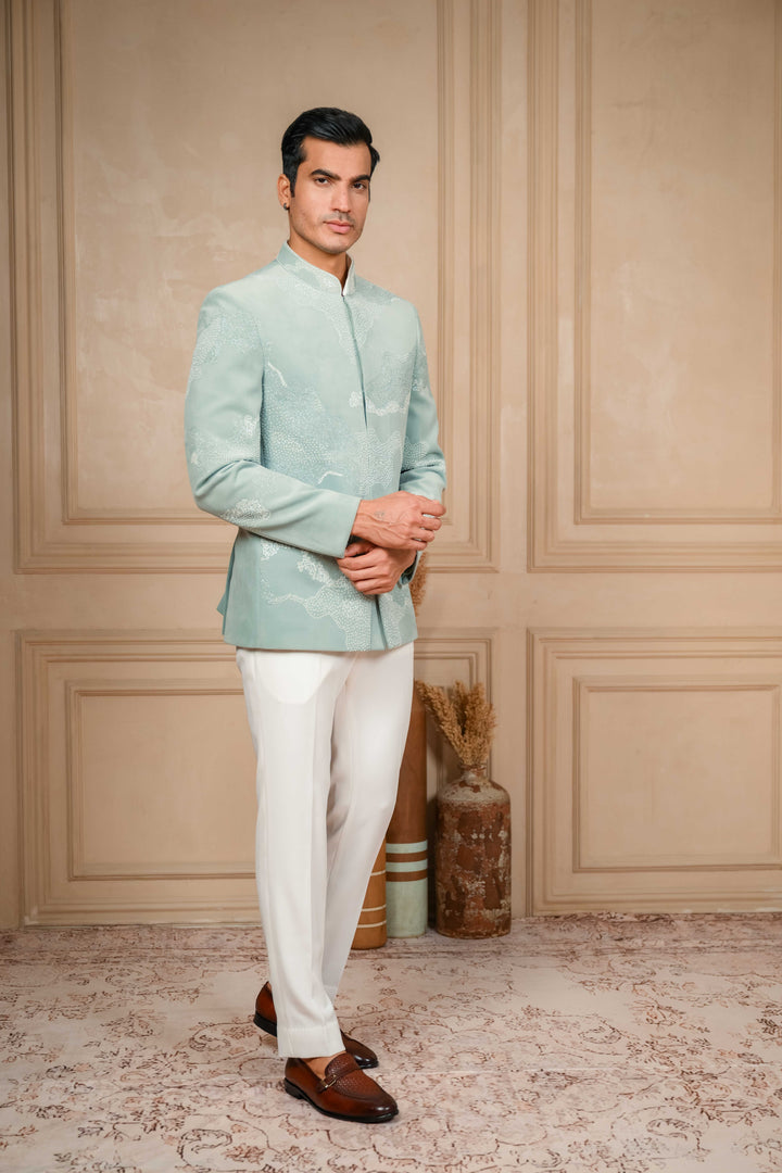 sea green jodhpuri jacket set with hand embroidery