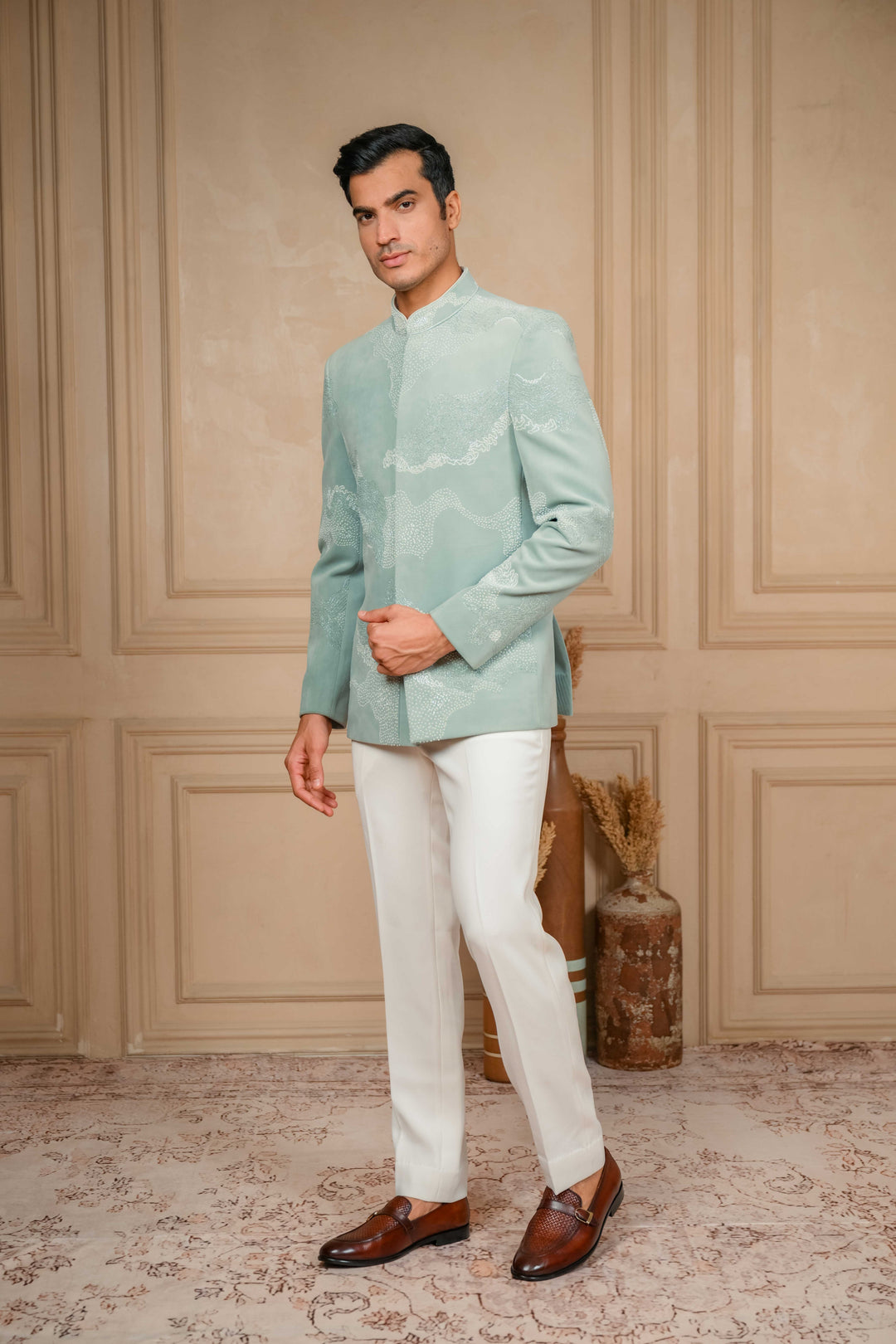 sea green jodhpuri jacket set with hand embroidery – Image 7