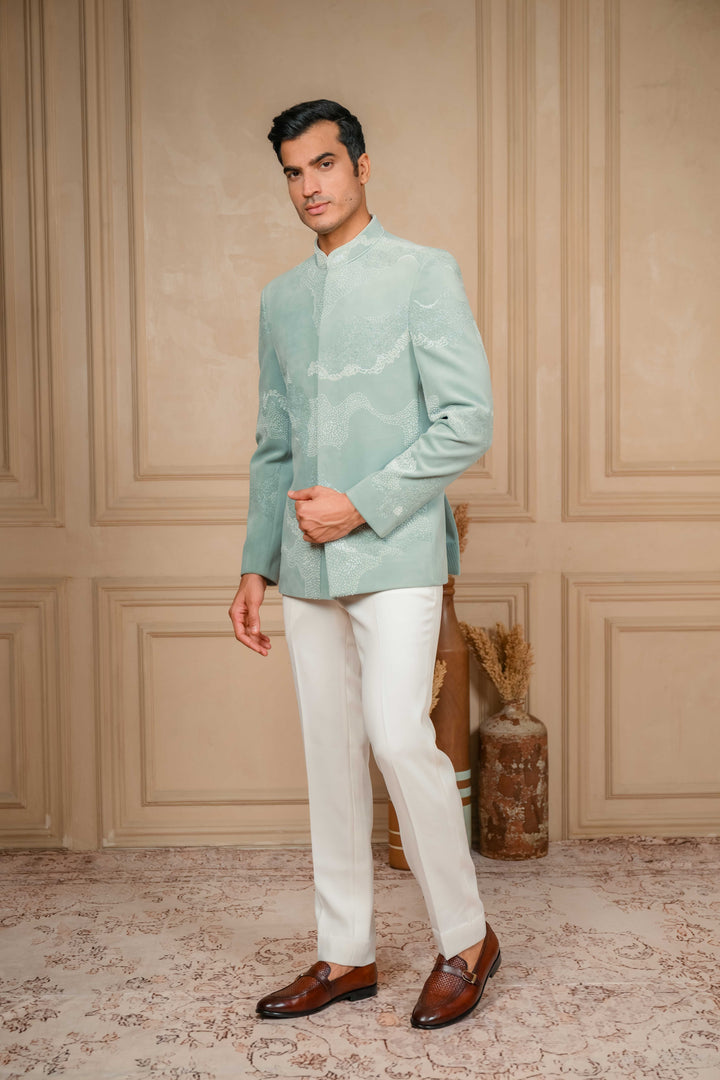 sea green jodhpuri jacket set with hand embroidery