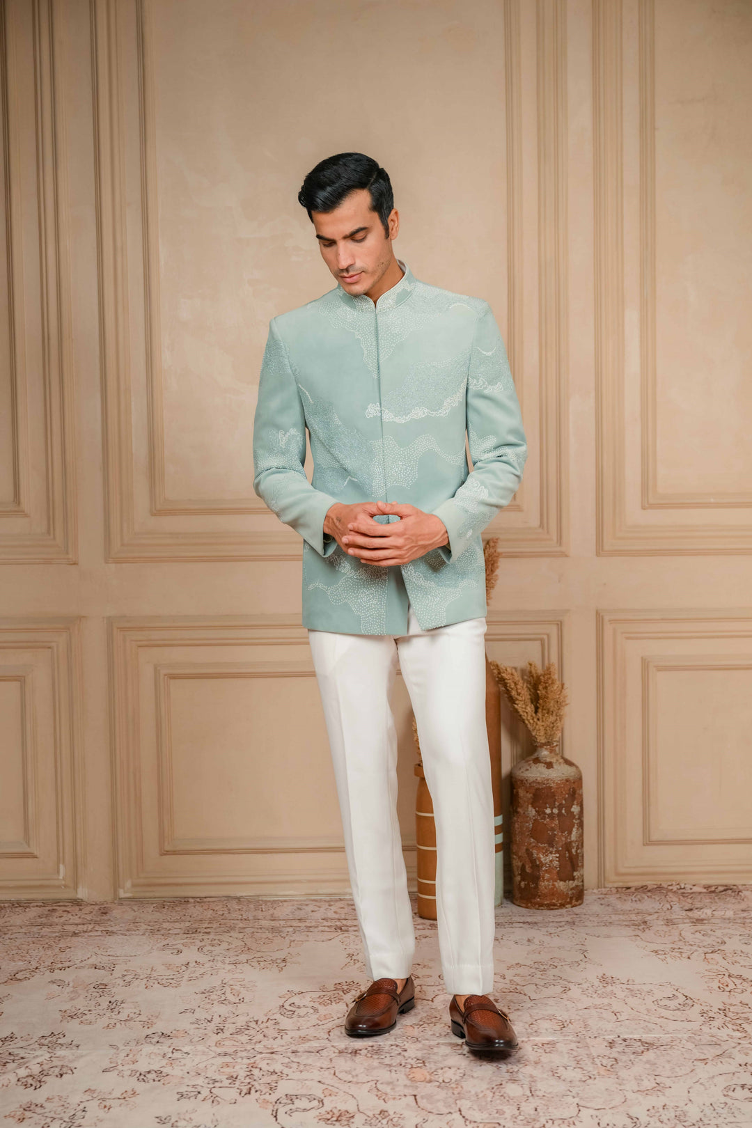 sea green jodhpuri jacket set with hand embroidery – Image 6