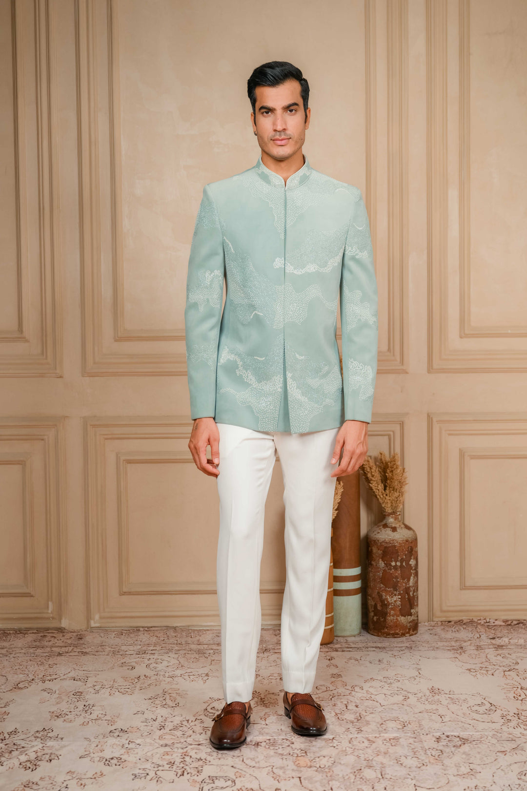 sea green jodhpuri jacket set with hand embroidery – Image 5