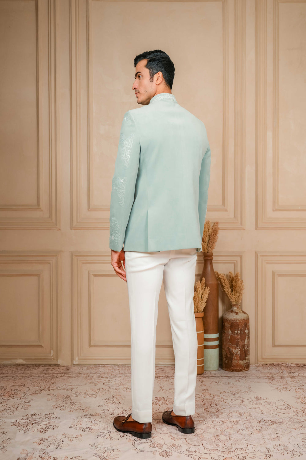 sea green jodhpuri jacket set with hand embroidery