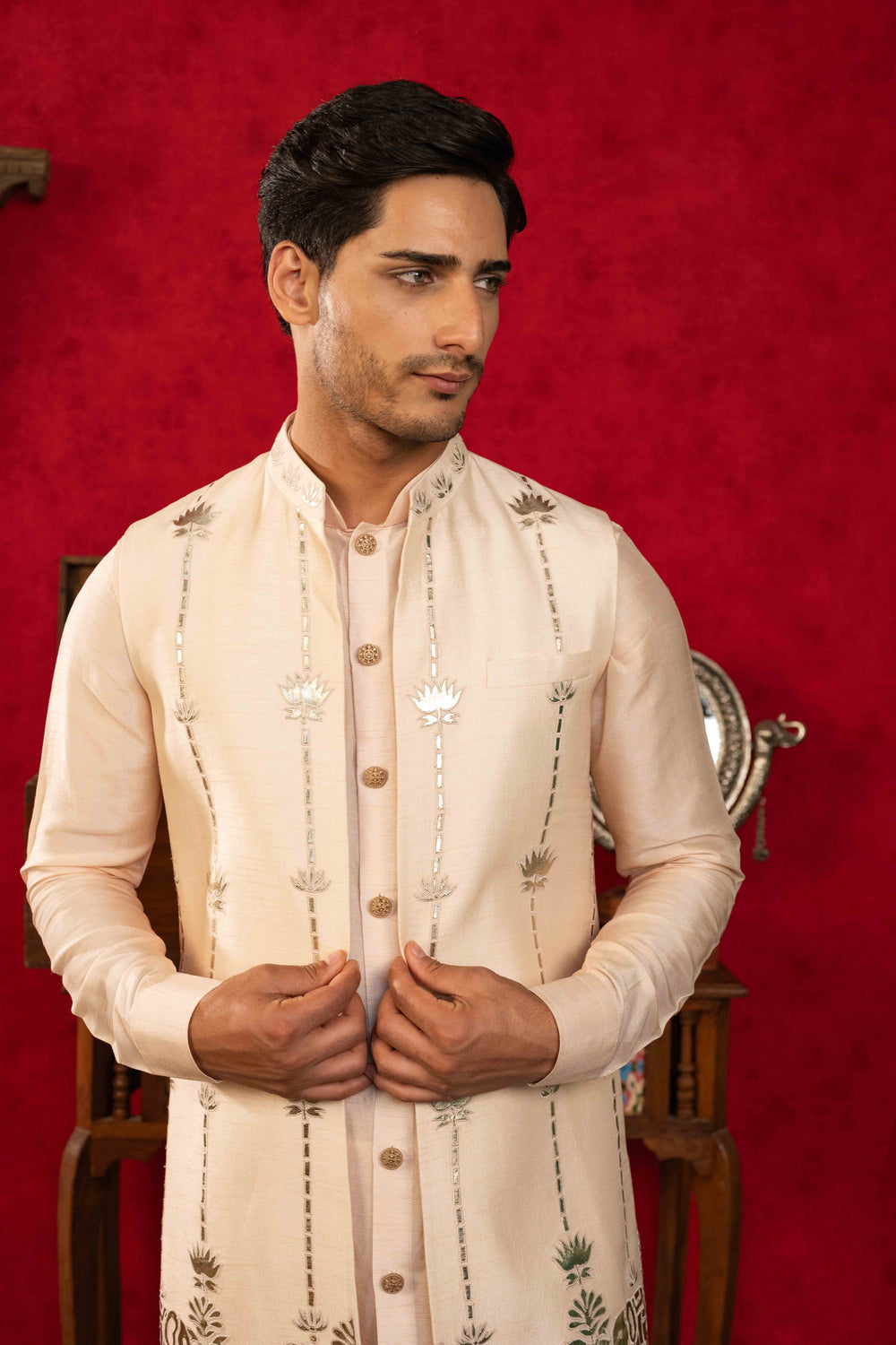 Soft Peach Foil Appliqué Jacket Set