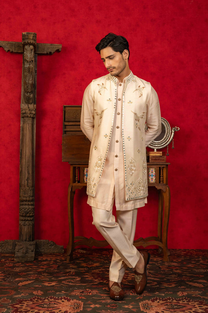soft Peach Jacket Set with Resham, Mirror, and Kasab Embroidery