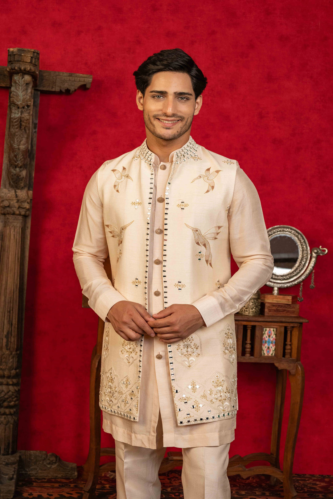 soft Peach Jacket Set with Resham, Mirror, and Kasab Embroidery