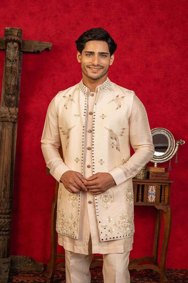 soft Peach Jacket Set with Resham, Mirror, and Kasab Embroidery