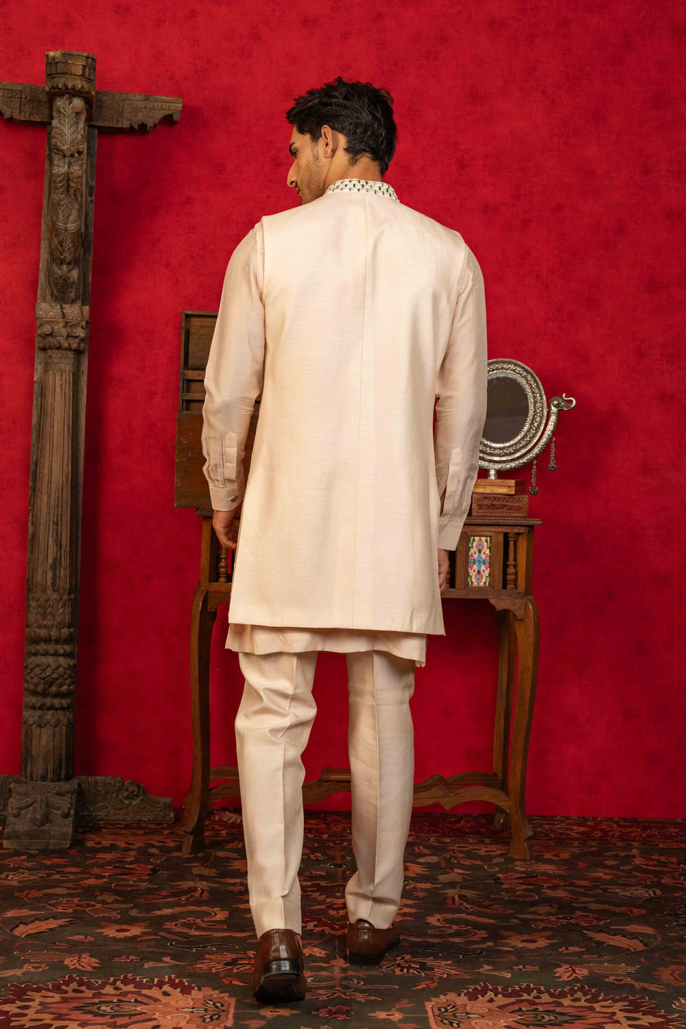 soft Peach Jacket Set with Resham, Mirror, and Kasab Embroidery