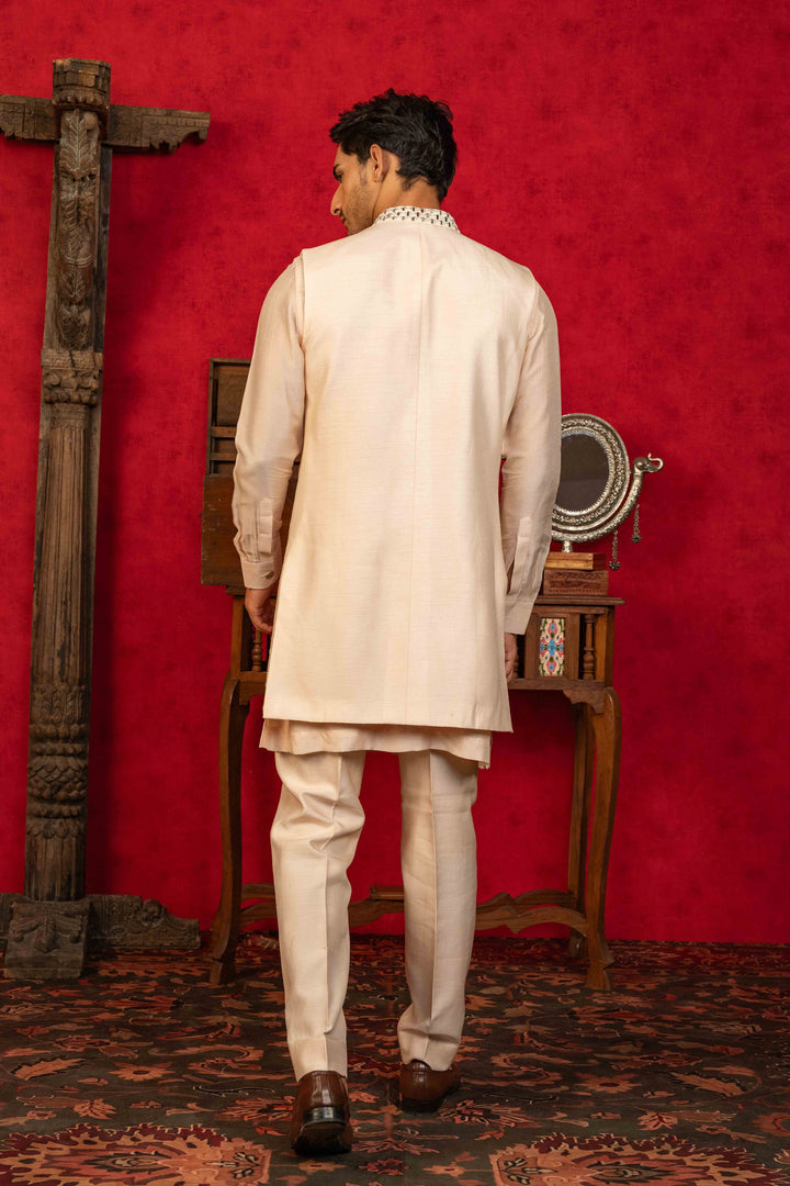soft Peach Jacket Set with Resham, Mirror, and Kasab Embroidery