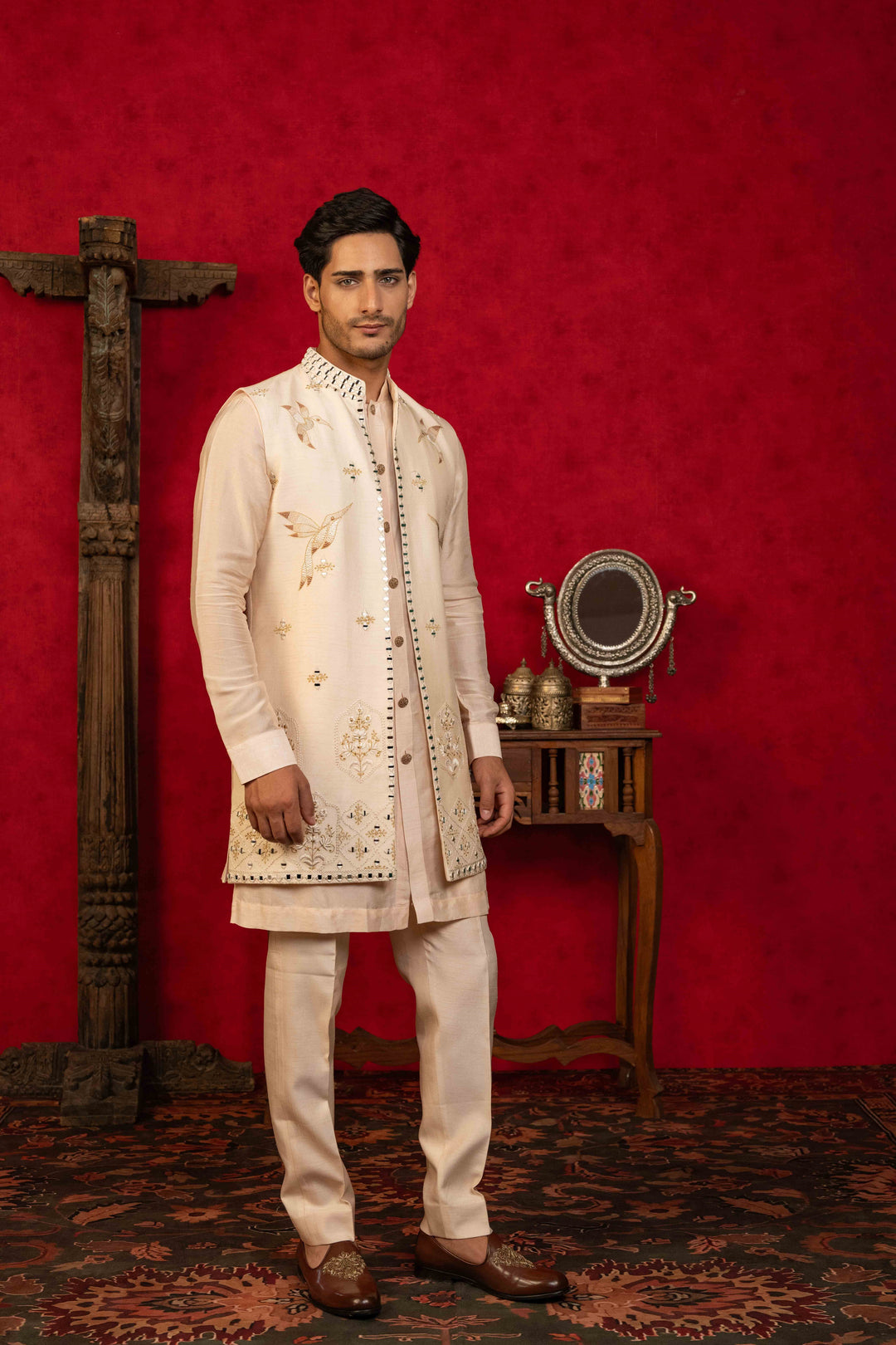 soft Peach Jacket Set with Resham, Mirror, and Kasab Embroidery – Image 5