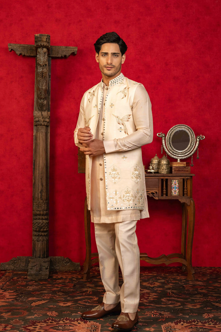 soft Peach Jacket Set with Resham, Mirror, and Kasab Embroidery