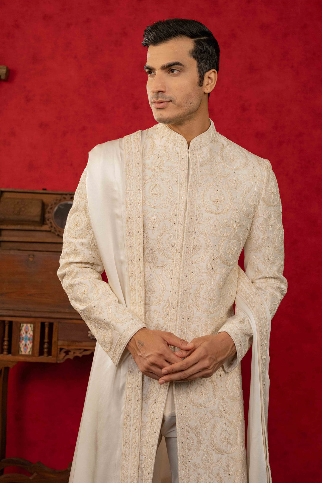 soft white sherwani set with reshamkari and moti embroidery