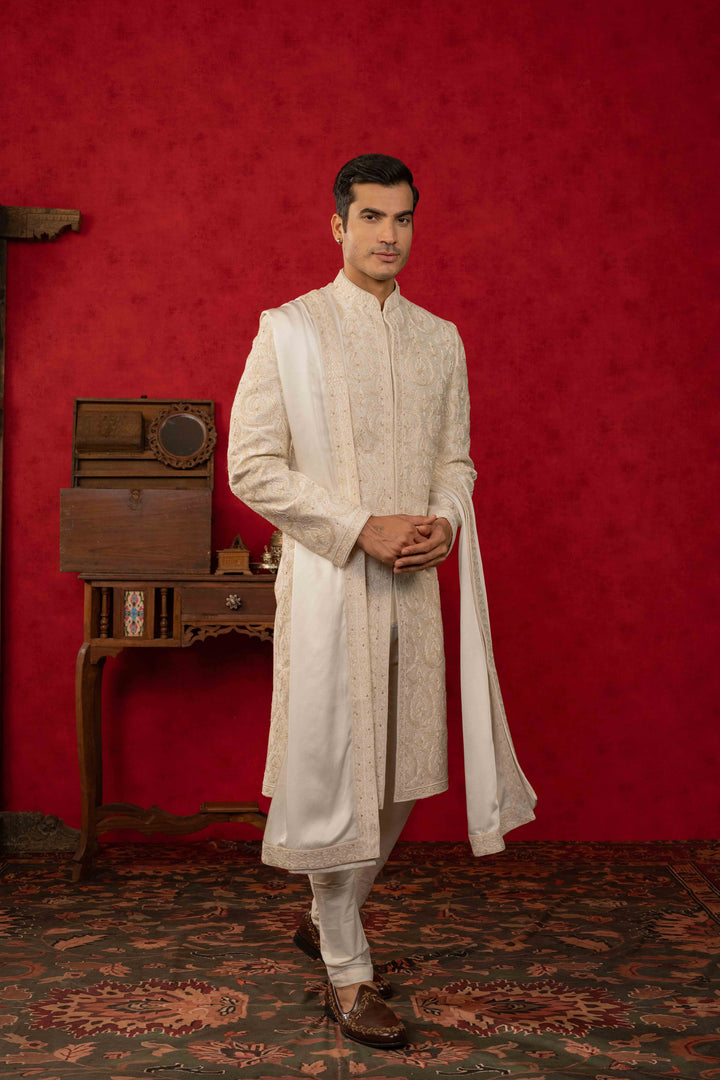 soft white sherwani set with reshamkari and moti embroidery