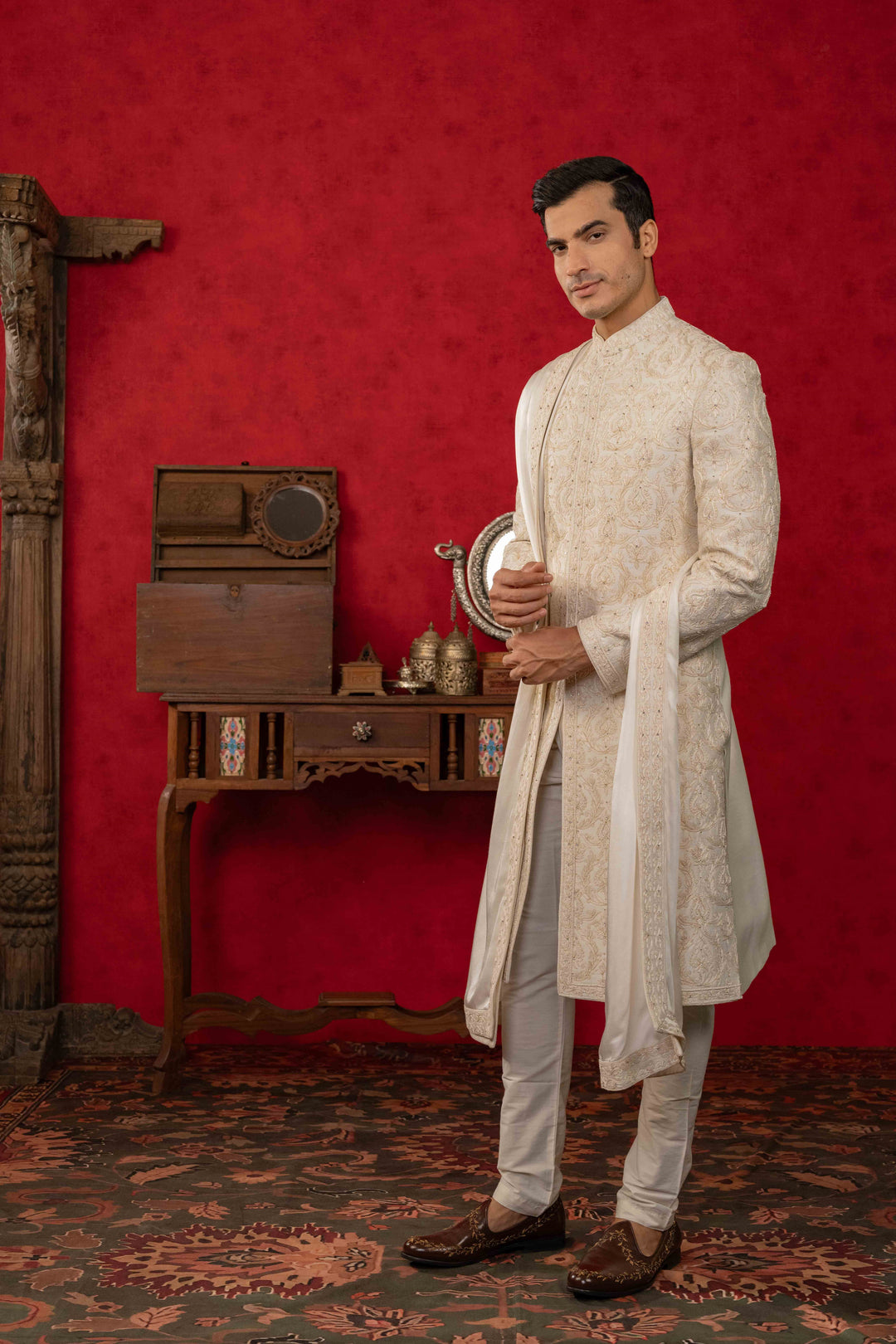 soft white sherwani set with reshamkari and moti embroidery – Image 3