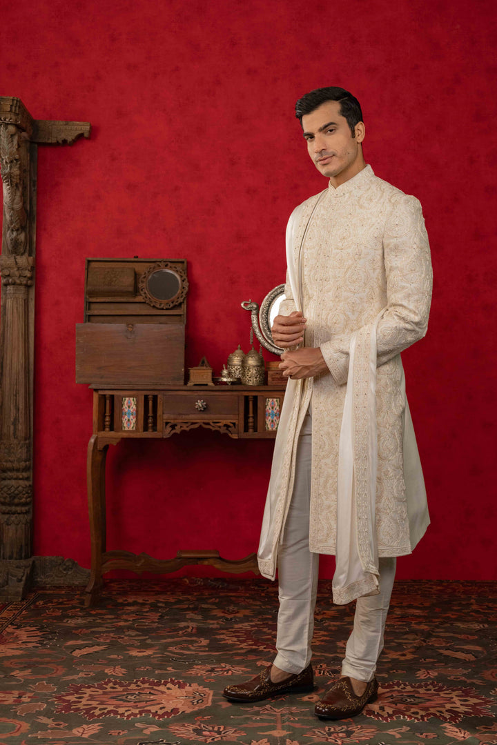 soft white sherwani set with reshamkari and moti embroidery