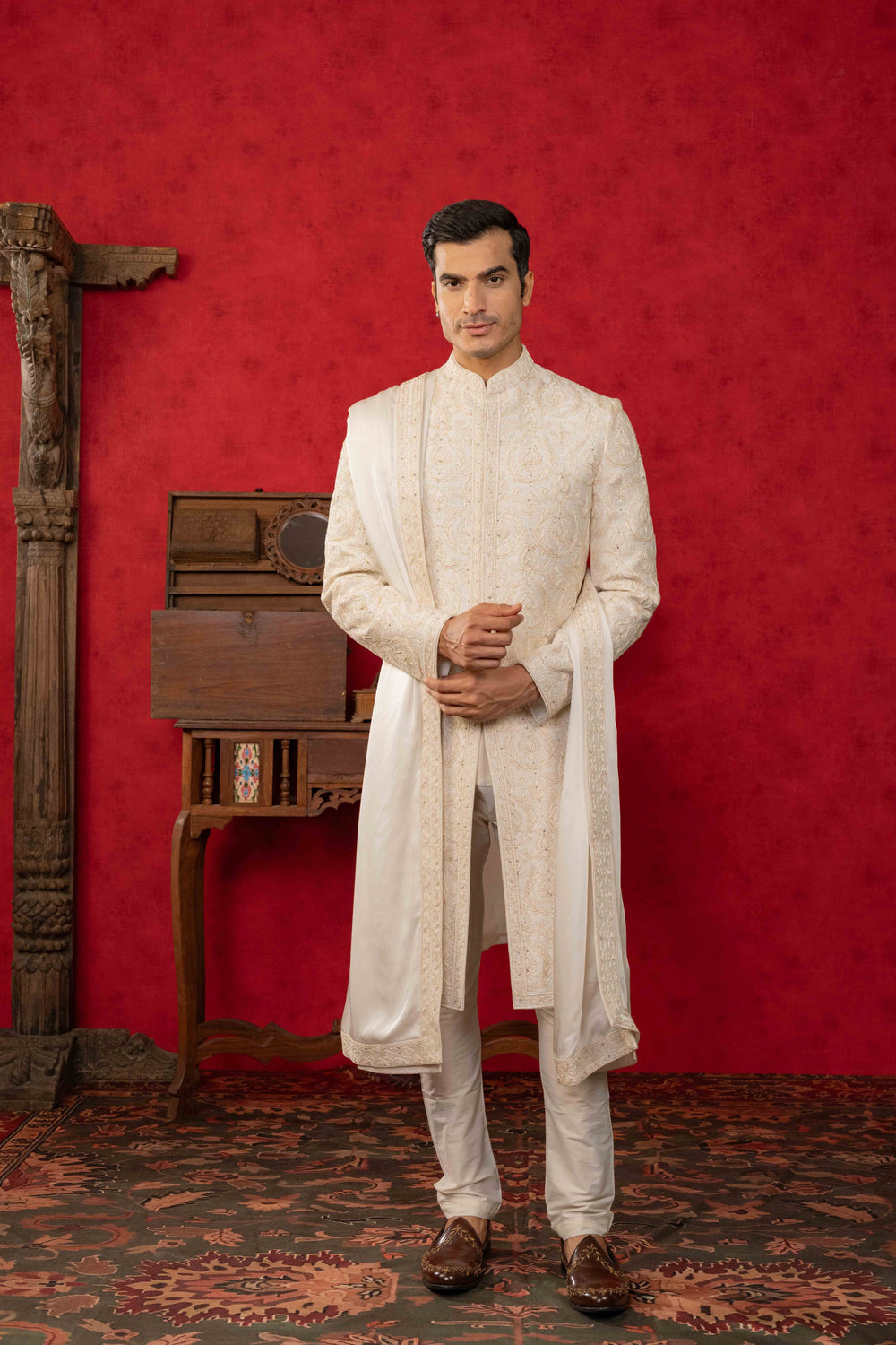 soft white sherwani set with reshamkari and moti embroidery