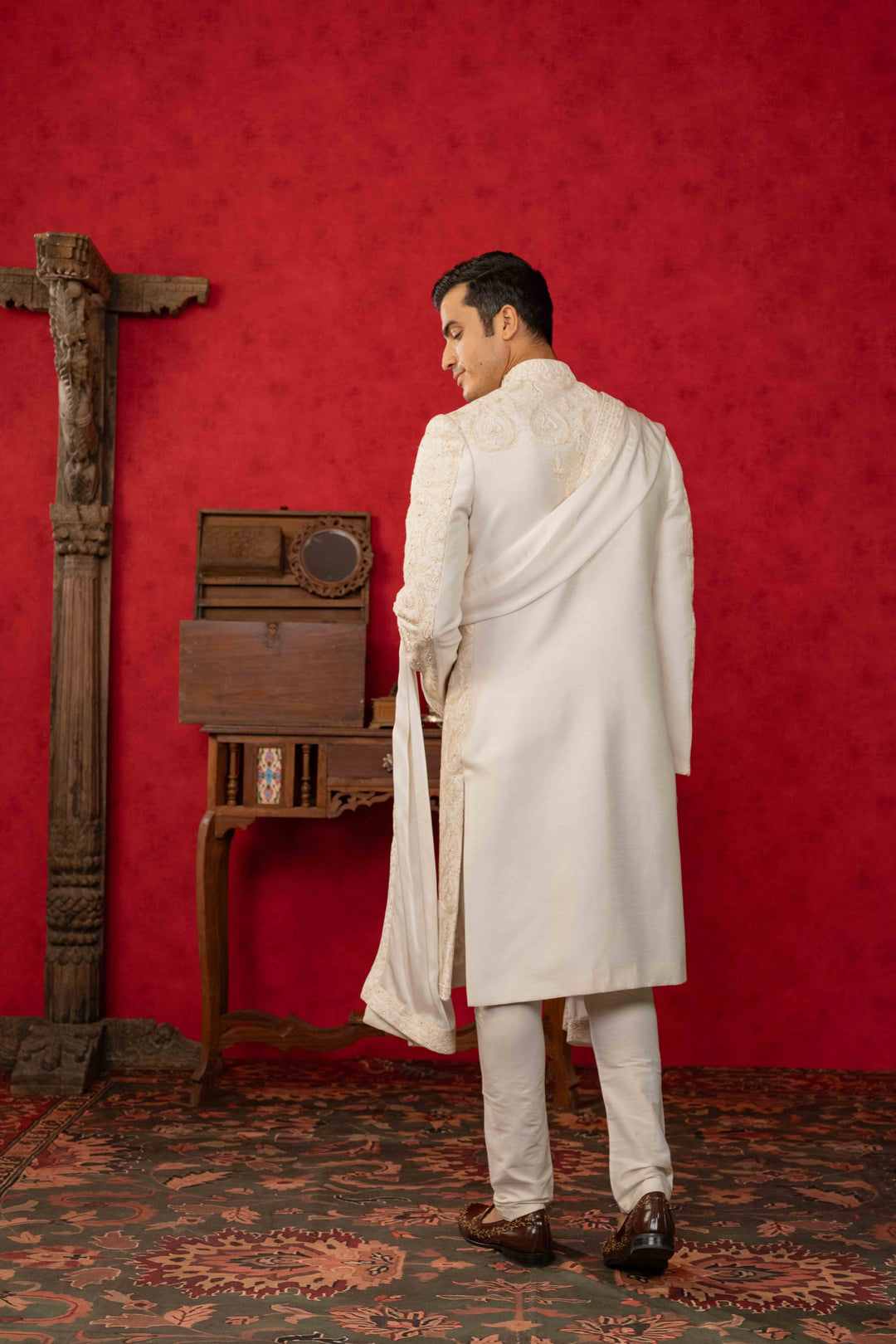 soft white sherwani set with reshamkari and moti embroidery – Image 5