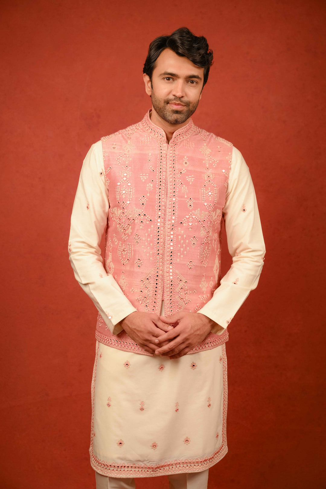 tropical peach jacket and kurta set with intricate embroidery and mirror embellishment – Image 6