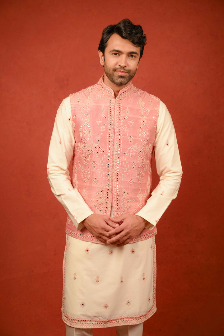 tropical peach jacket and kurta set with intricate embroidery and mirror embellishment