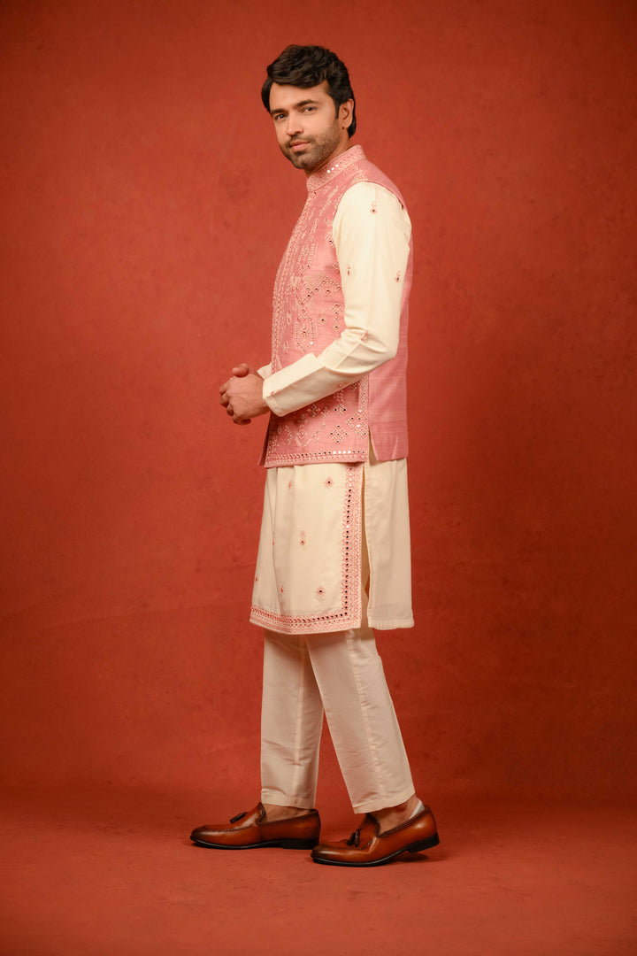 tropical peach jacket and kurta set with intricate embroidery and mirror embellishment