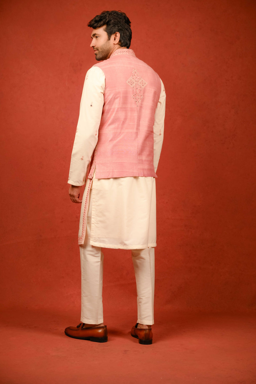 tropical peach jacket and kurta set with intricate embroidery and mirror embellishment