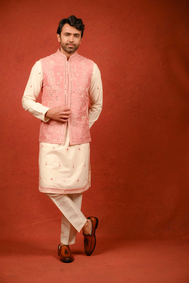 tropical peach jacket and kurta set with intricate embroidery and mirror embellishment