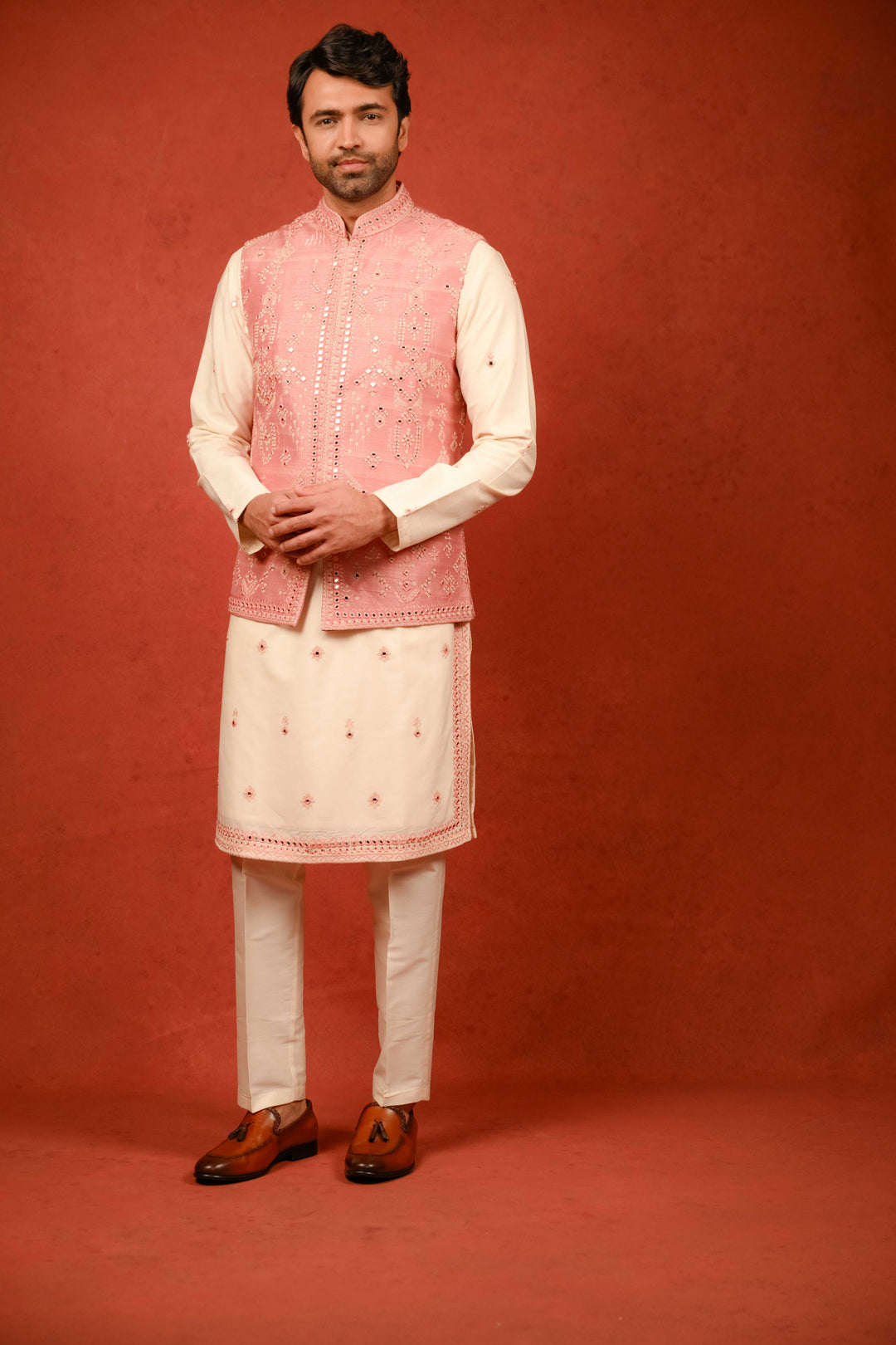 tropical peach jacket and kurta set with intricate embroidery and mirror embellishment