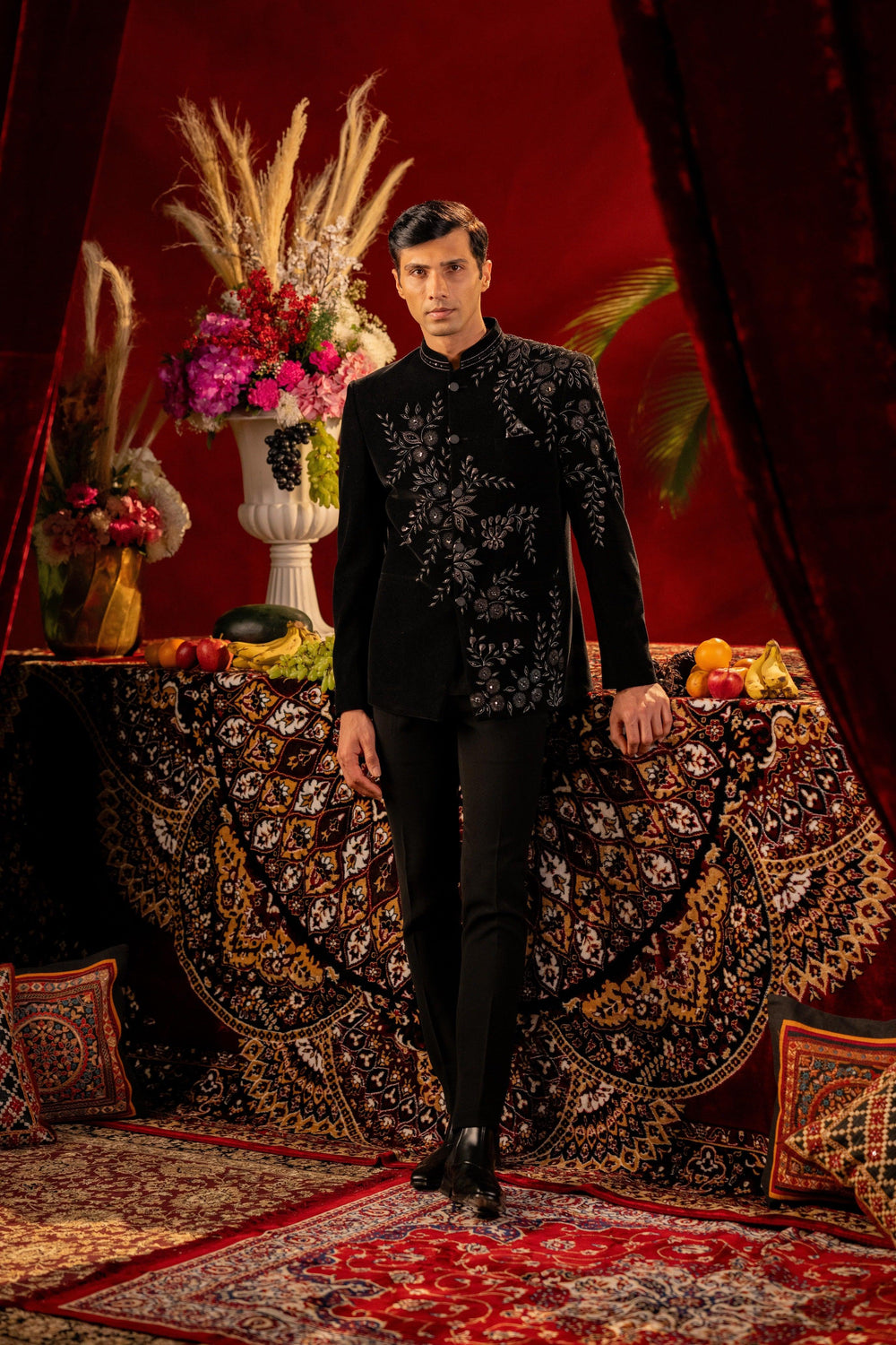 Black Velvet Jodhpuri with Hand-Painted Veil