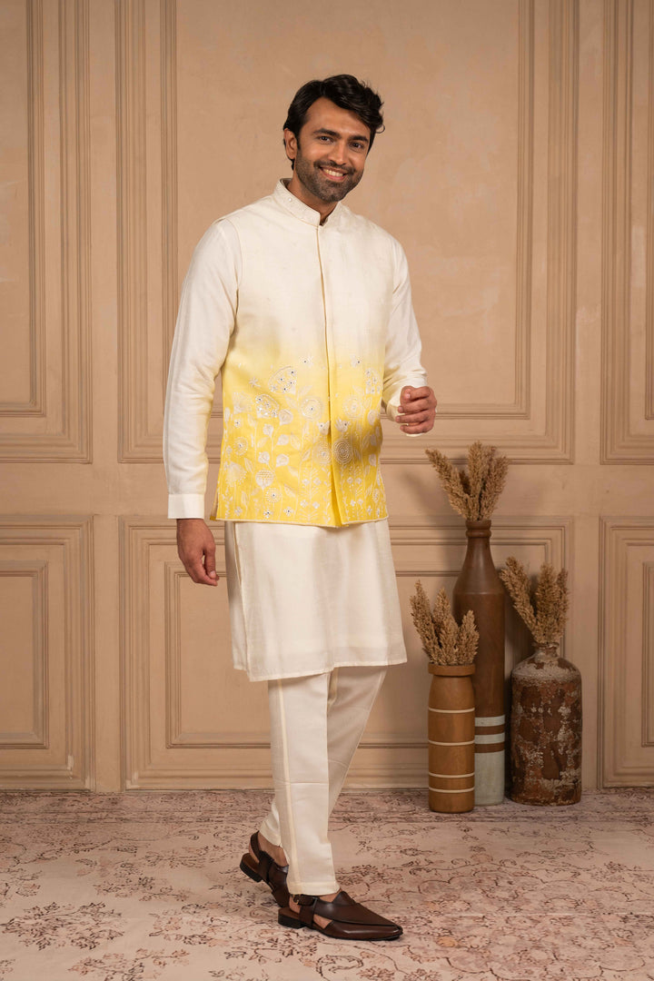 white to yellow ombre koti-kurta set