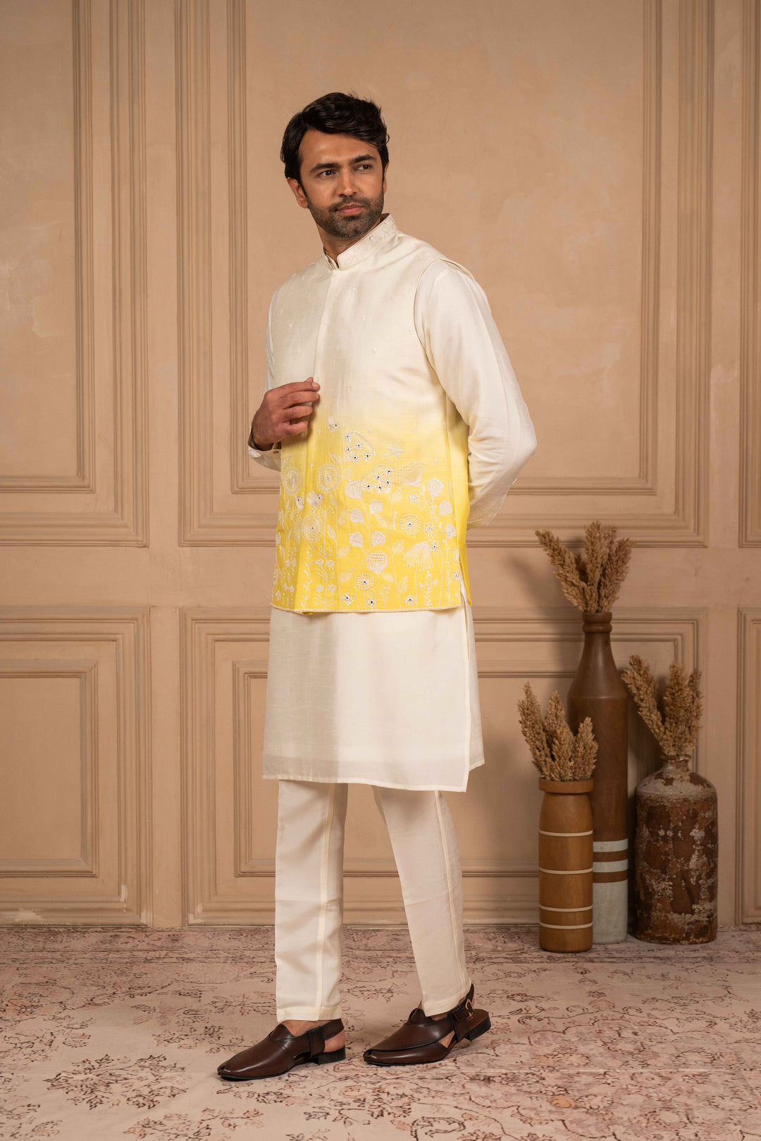 white to yellow ombre koti-kurta set – Image 4